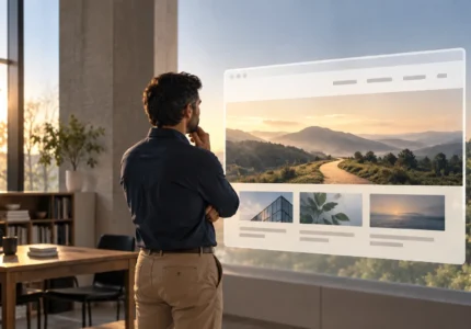 Titolare di un’azienda che riflette sul ruolo del sito web osservando una rappresentazione dell’interfaccia e del percorso digitale. A cosa serve davvero un sito web aziendale?