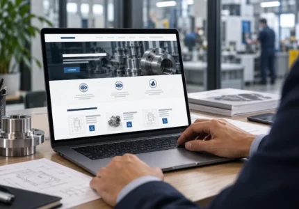 Schermata di un sito web B2B manifatturiero con sezione certificazioni ISO e schede tecniche scaricabili Sito web B2B ufficio acquisti settore industriale